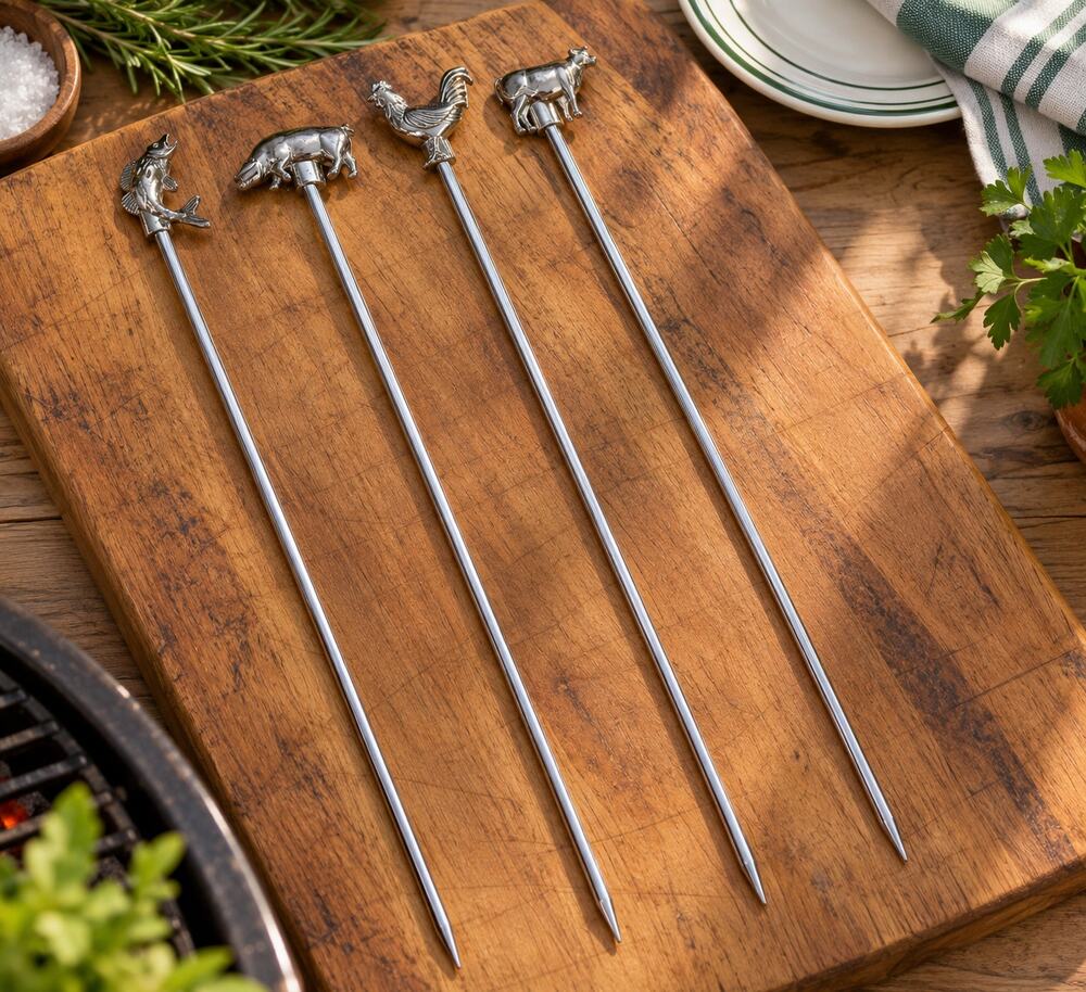 Williams-Sonoma Chrome Animal Skewers Set of 4 Cow Pig Rooster Fish NIB